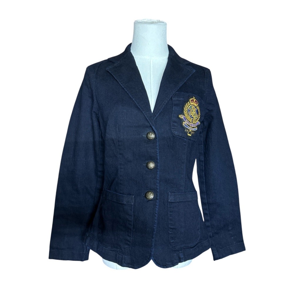 Lauren Ralph Lauren Womens Denim Jean Jacket Small Navy Blue Embroidered Blazer